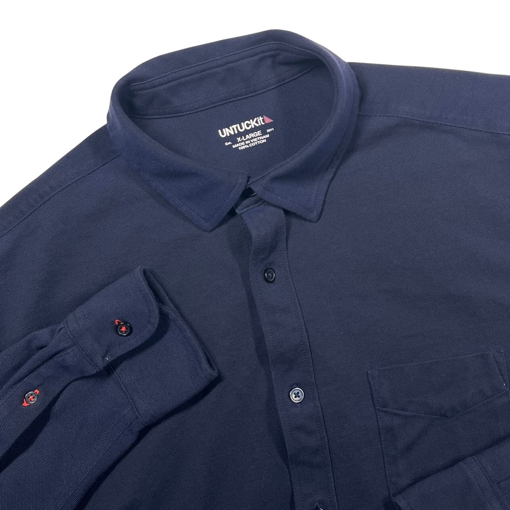 UNTUCKIT Mercurey Button Down‎ Mens XL Navy Blue Pique Cotton Long Sleeve *Flaw